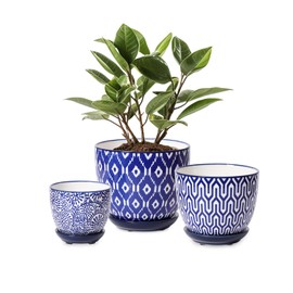 Selamica Ceramic Plant Pots, Indoor Flower Pots for Indoor Plants, 3.5+4.6+5.5 Planters with Drainage Hole & Saucer, Set of 3, Home Decor, Vintage Blue