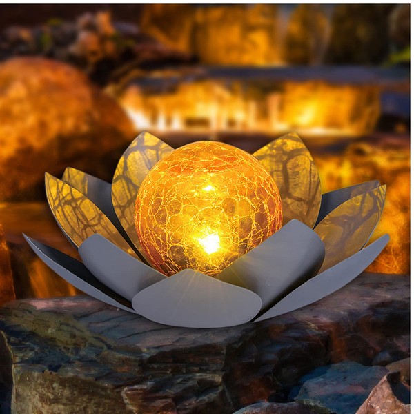 Huaxu Solar Lights Outdoor Garden Decor, Amber Crackle Globe Glass Lotus Decoration,Waterproof Gray Metal Flower Light for Patio,Lawn,Walkway,Tabletop,Ground
