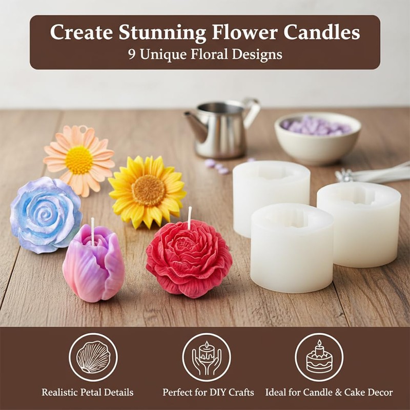 9 PCS Flower Silicona Candle Molds for Candle Making with