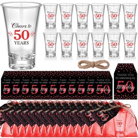 Pickmesh 50 Sets Black Red Birthday Party Favors for Guests Souvenir Multicolor 50 Years Old Gift Bulk Acrylic Clear 1.2oz Shot Glasses with Thank You Cards and Gift Bags, 40/50/60/70th Birthday