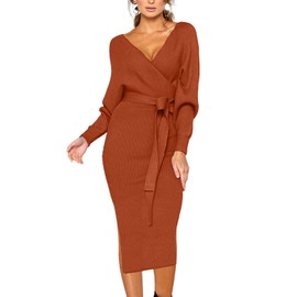 CHERFLY Women's V Neck Sweater Dresses Batwing Long Sleeve Backless Bodycon Long Dress with Belt(Burnt Brick Brown,Medium)