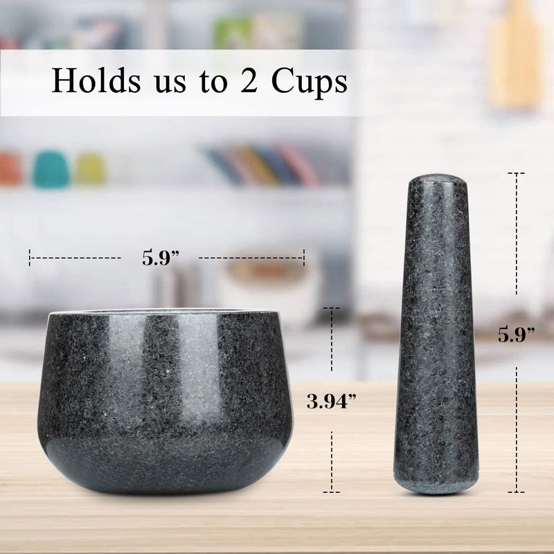 Polished Granite Mortar and Pestle Set, Stone Grinder Bowl for