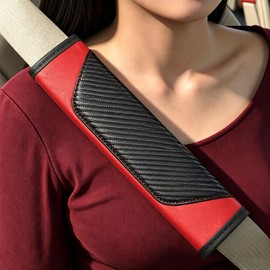 Carbon Fiber PU Leather Seat Belt Covers - 2Pcs, Black and Red Sporty Seat Belt Pads, Universal Fit for Car Truck SUV