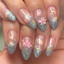 24Pcs Almond Press on Nail Lotus Gradient Cute Fake Nails Medium Length Koi Fish False Nail for Women Full Cover Reusable Stick on Nails Natural Glue on Nail