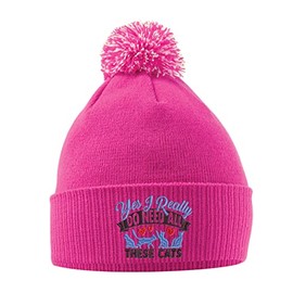 Purple Print House Yes I Do Need All These Cats Hat - Bobble Beanie Hat - Cat Owner Gifts for Girls - Winter Beanie Hat with Cute A Cat Design Embroidered On The Front, One Size, Bright Pink