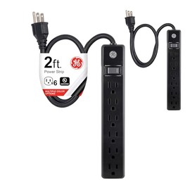 GE 6 Outlet Power Strip 2 Pack, 2 Ft. Power Cord, Switched Power Strip, Integrated Circuit Breaker, Overload Protection, Wall Mountable, 3 Prong, UL Listed, Black, 44180