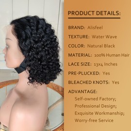 13x4 Water Wave Lace Front Bob Wigs Human Hair Pre Plucked Lace Front Human Hair Bob Wig for Black Women Short 13*4 Lace Frontal Wigs 150% Density HD Transparent Lace Curly Bob Wigs (14 Inch)