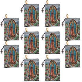 Our Lady of Guadalupe & Cross with Flowers, Bulk Catholic Icon Coin Purses, Small Fabric Zipper Pouch, Women's Travel Wallet for Phone, Cards, & Change, Clutch Purse for Rosaries & Religious Trinkets
