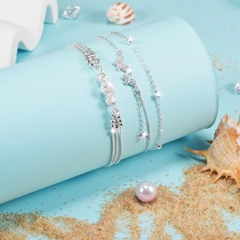 BOCHOI Anklet for Women Sterling Silver Sunflower Turtle Anchor Star and Moon Beach Anklet Double Layer with Beads Adjustable Boho Gift for Girls