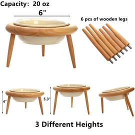 DEAYOU Ceramic Cat Bowl Adjustable, Tilted Elevated Raised Pet Dish, No Spill Pet Food Water Feeder, Slanted Dog Bowl with Wood Stand for Kitty, Pet Supplies, Stress Free, 600 ML/20 OZ, Cream White