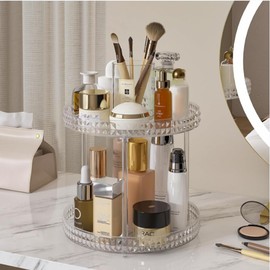 ROWNYEON Organizzatore rotante per trucchi a 2 livelli, organizer per la cura della pelle, organizer da bagno, organizer per profumi, cosmetici, organizer per vanità, armadi, dispensa, frigorifero
