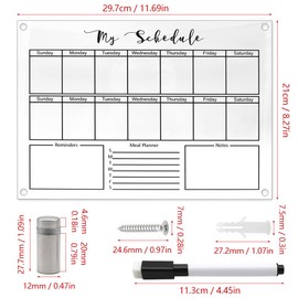 GOIYZTTR Acrylic Whiteboard Calendar Wipe Clean Wall Calendar Reusable Calendar Message Board Comes with Hanging Accessories and Markers Suitable for Creating Weekly Plans