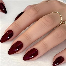 GLAMERMAID Press on Nails Almond Medium 24 PCS, Handmade Jelly Soft Gel Deep Red Glue on Nails Stiletto, Burgundy Gothic Fake Nails Set, Reusable Acrylic Stick on False Nails Manicure Kit for Women