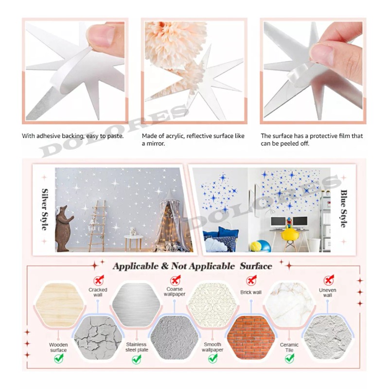 Dolores 276 Pcs Estrellas Pegatinas Espejo Acrílicas Pared Extraíble