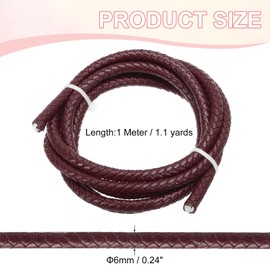 PATIKIL Round Braided Leather Cord, 6mm Braided Genuine Leather Cord String Rope Folded Leather Strip for Jewelry Making Crafts Necklaces Bracelets, Burgundy(1.1Yards)