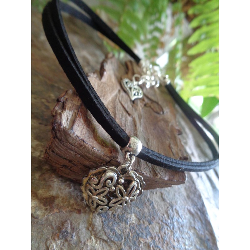 ◦•●◉✿ SCHWARZES OKTOBERFEST BAYERN DOPPEL HERZ HALSBAND ✿◉●•◦ veganes Leder,