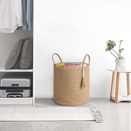 Mkono Tall Wicker Laundry Basket Woven Storage Basket Decorative Natural Rope Basket Wooden Bead Decoration for Blankets,Toys,Clothes,Shoes,Plant Organizer Bin with Handles Living Room 15"Wx17.7"L