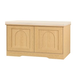 DINZI LVJ Shoe Bench, Entryway Storage Bench with Doors, Cushion, 2-Tier Shoe Rack with 6-Cubby, 31.5”L x 13.8”W Shoe Organizer Cabinet, Adjustable Shelf, Living Room, Bedroom, Natural