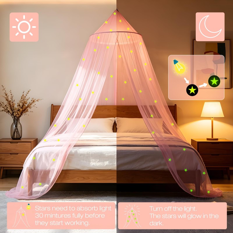 WIYIXI Glowing Stars Pink Bed Canopy for Princess Netting Room