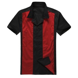 Anchor MSJ Men's 50s Male Clothing Rockabilly Style Cotton Mens Shirts Short Sleeve Fifties Bowling Casual Button-Down Shirts XL Red