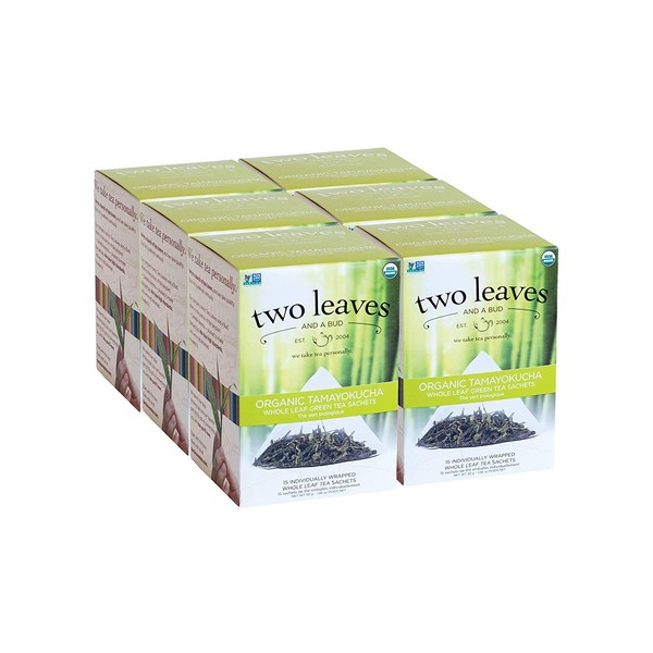 Two Leaves and a Bud Organic Tamayokucha Green Tea Bags, Whole Leaf Green Tea in Sachets, 15 Count (Pack of 6)