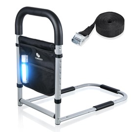 Bed Rails for Elderly Adults Assist Safety with Motion Light for Seniors Hand Bar Grab with Storage Pocket Patent Stabilizer with Fixing Strap, Support Up to 300lbs Grey