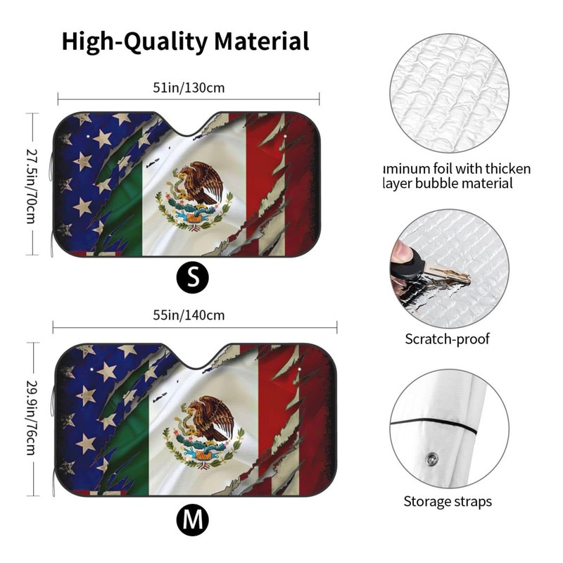 Mexican Mexico American Flag Windshield Sun Shade Front Protector Folding