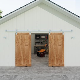 JUBEST 12FT Box Rail Exterior Barn Door Hardware Kit, Heavy Duty Sliding Barn Door Hardware, Wall Mount Barn Door Hardware for Two Door (Door NOT Include), Silver