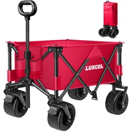 LUXCOL Collapsible Folding Wagon, Heavy Duty Utility Beach Wagon Cart for Sand with Big Wheels, Adjustable Handle&Drink Holders for Shopping, Camping,Garden and Outdoor