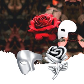 Phantom of The Opera Mask and Rose Flower Earrings Sterling Silver Half Face Mask Stud Earrings Theatre Jewelry Gifts for Women Men