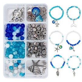 SUNNYCLUE 6pcs in 1 Box 6mm Summer Ocean Turtle Charm Bracelet Ocean Bracelet Sea Beads Turtle Bracelet Sea Star Beads Silver Bead Bracelet Sea Life Power Stone Sea Turtle Design Hawaiian Bracelet