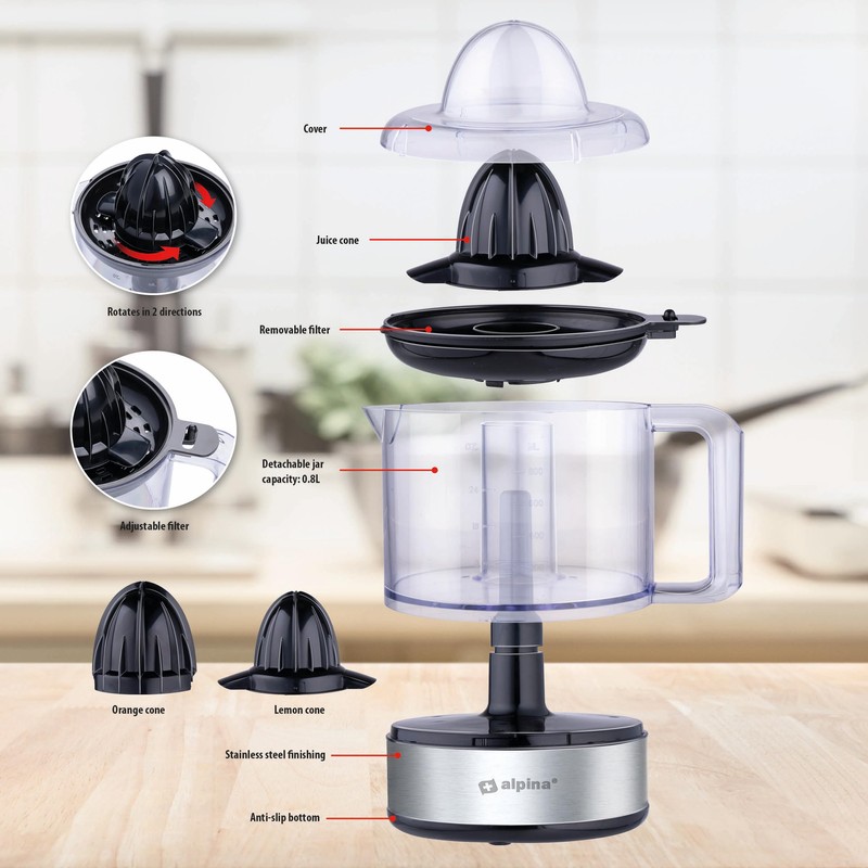 ALPINA Lemon Squeezer, 30 Watt, 800 ml, Stainless Steel Design