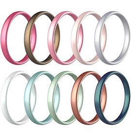 Zollen 10 Pack Silicone Wedding Rings for Women, 3mm Metallic Color Thin Rubber Wedding Bands Stackable Ring, Hypoallergenic Silicone, Size 6