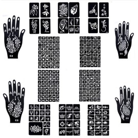 Henna Tattoo Stencil Kit 14 Sheets, Glitter Airbrush Flower Stencils for Body Art, Face Painting, Mehndi Designs, Arabian Realistic Temporary Tattoos