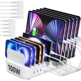 SooPii Multi USB Charging Station,100W 10-Port Type C Fast lPad Charging Station for Multiple Devices with 10 Cables and Adjustable Dividers, Compatible with Phone, Tablet,Kindle and More(White)