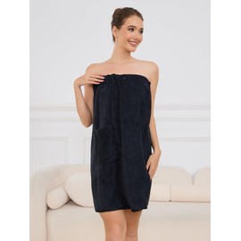 Air Curvey Women's Soft Wrap Towel Shower Wrap Robe Lightweight Spa Body Wrap Adjustable Closure Bathrobe With Pocket Black L