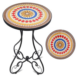 VCUTEKA Mosaic Outdoor Side Table, Round Rustproof Patio Table with 14" Ceramic Tile Top, Indoor Porch Accent Table for Yard, Garden, Living Room, Bistro Balcony, Brown