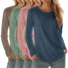 Huukeay 4 Pack Women's Long Sleeve Tunic Tops, Cotton Crew Neck Raglan Sleeve Shirts Loose Curved Hem Side Split Tee Shirts(Light Coffee, Light Green, Light Pink, Haze Blue,X-Large)