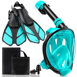 Viginsul Mask Fins Snorkeling Gear for Adults, Full Face Snorkel Mask & Adjustable Swim Fins Snorkel Set, Panoramic View Snorkel Mask Dry Top Anti-Fog Anti-Leak