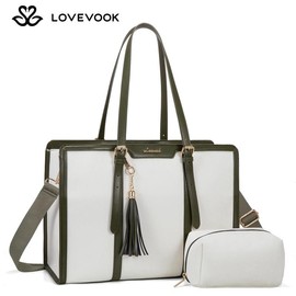 LOVEVOOK 15.6'' Canvas Laptop Tote Bag for Women with Clutch Purse, Lightweight Tote Bag Large Capacity Computer bag, Vegan Leather, Crossbody Bags for Business, Work, Office, Travel, School, Casual:_White&green(Canvas-Leather edge)_15.6''