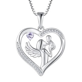 FJ Heart Mum Necklace 925 Sterling Silver Guardian Angel Necklace with June Birthstone Alexandrite Jewelry Gifts for Women Mother