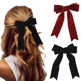 HERBENJOY 2pcs Big Bow Hair Clips Red & Black Hair Bow Hair Clips Women Soft Silky Satin Long Tail Hair Ribbon Clips Red & Black Hair Accessories For Women Girls Wedding Birthday Party