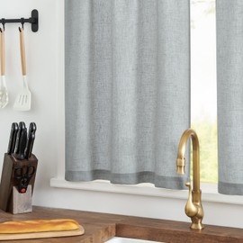 VANGAO Grey Net Curtain Semi-Transparent Bistro Curtain Linen Kitchen Curtains Privacy Window Curtain Plain Short Curtain Panel Curtains Window Curtain Living Room Country House Set of 2 65 W x 60 H (cm)