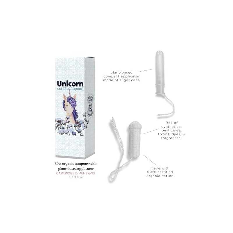 UNICORN Tampons, Organic Plant-Based Compact Applicator Regular Cotton Tampon Cartridge