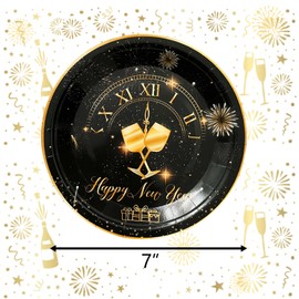 CIEOVO 60 Count Happy New Year Disposable Plates, Black Gold New Year Party Paper Plates Dinner Dessert for New Year Eve Birthday Party Supplies