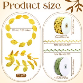 Suncalla 20 Pcs Gold Laurel Wreath Headbands & 229 ft Fake Vines, Toga Party Greek Roman Goddess Costume Accessories Set, 7.28 Inch Golden Leaf Crown Headpiece for Themed Events & Photo Props Decor