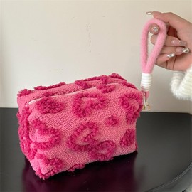 Pamayaneen Red Makeup Bag for Women Travel Cosmetic Bag Cute Fluffy Toiletry Storage Bag Portable Zipper Makeup Brush Aesthetic Accessories Bag