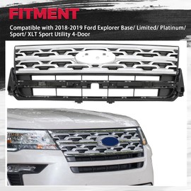 HECASA Grille Compatible with 2018-2019 Ford Explorer Base/Limited/Platinum/Sport/XLT Sport Utility 4-Door Front Bumper Upper Hood Grill Shell Painted & Chrome Black & Silvery