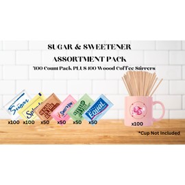 Sugar and Sweetner Assortment Packets Packaged By Happy Little Heart, Plus Wooden Coffee Stirrers, Sugar Packets for Home, Travel, AirBNB, Office, Coffee, Bar, Gift 500 Count