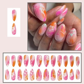 MouyouGlow Press on Nails Short, Almond Pink Orange Airbrushing Flowers Floral Striped Fake Nails with Nail Glue, Pink Smudged Wavy Sweet Flowers Summer INS Artificial Fingernails
